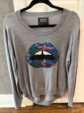 Markus Lupfer Gray Crewneck Sweater with Multicolor Sequin Lips Motif